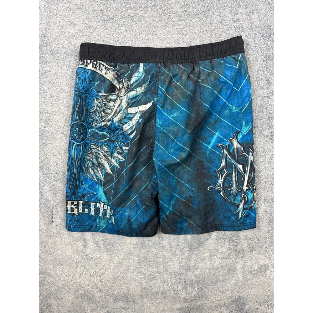 MMA Elite Mens Size M Blue Board Shorts Graphic Cross Wing Swim Trunks